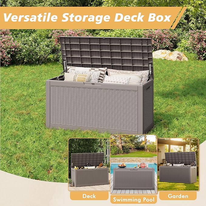 NUNU LAB 101 Gallon Large Waterproof Resin Deck Box, Lockable Outdoor Storage Box with Gas Lift, Patio Cushions, Garden Tools, Pool Supplies, Indoor Outdoor Storage Container, Grey