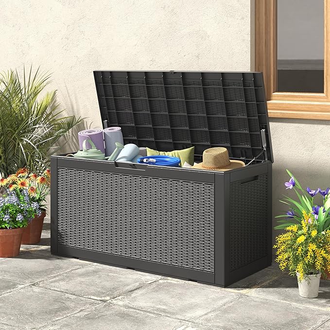 NUNU LAB 101 Gallon Resin Deck Box – Large Lockable Outdoor Storage Box with Gas Lift, Waterproof Patio Storage for Cushions, Garden Tools, Pool Supplies, and More, Black