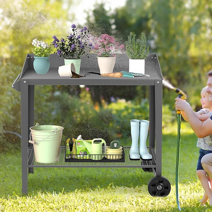 Outdoor Metal Potting Bench with Wheels, Heavy Duty Garden Workbench Table with Storage Shelf (Dark Gray, 36"x38.8")