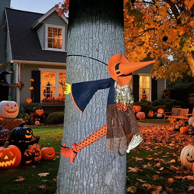 53" Crashing Witch Halloween Decoration – Funny Orange Flying Witch Hanging Prop for Yard, Tree, Porch, Patio, and Fall Outdoor Decor