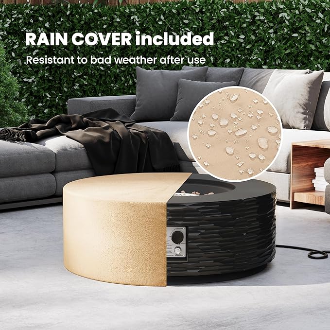 Round Fire Pits, 35 in Round Outdoor Propane Gas Fire Pit Table, 50000 BTU FirePit for Outside Patio with Rain Cover, Lava Rocks for Backyard & Deck, Black