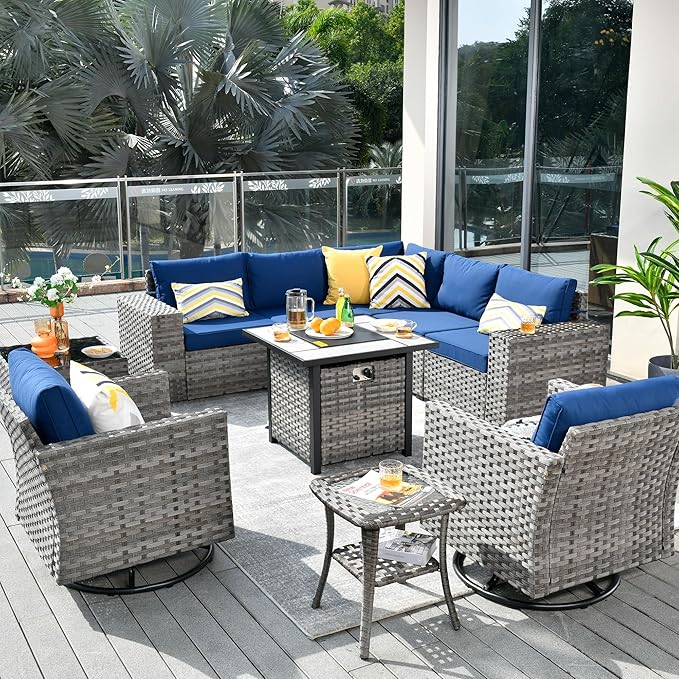 HOOOWOOO 10 Piece Modular Patio Outdoor Sectional Furniture Set with Gas Propane Fire Pit Table,Wicker Conversation Sofa Set with Swivel Chairs,Outside Couch Set(Navy Blue)