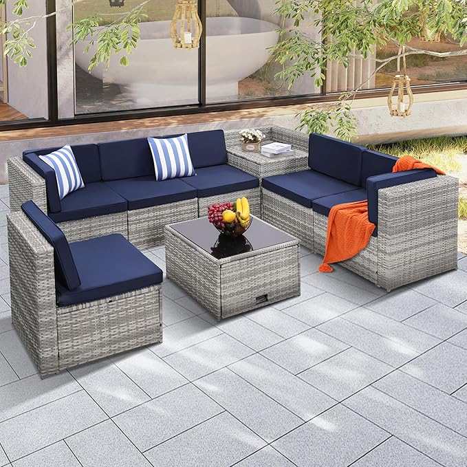 8 Pieces Outdoor Wicker Rattan Patio Furniture Sectional Set, Glass Top Table with Hidden Storage, 7 Sofa Sections, Oversized Cushions, Grey Color Rattan with Blue Cushion