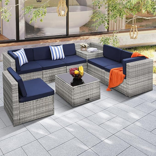8 Pieces Outdoor Wicker Rattan Patio Furniture Sectional Set, Glass Top Table with Hidden Storage, 7 Sofa Sections, Oversized Cushions, Grey Color Rattan with Blue Cushion