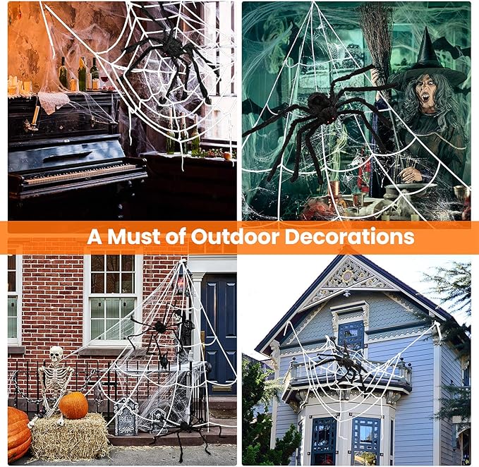 Spider Webs Halloween Decorations Outdoor, 16.4 x 15.7 ft Triangular Spider Web + 50‘’ Scary Giant Spider, 20 g Stretch Cobwebs Outdoor Halloween Decorations for Outside Yard Garden Lawn Party
