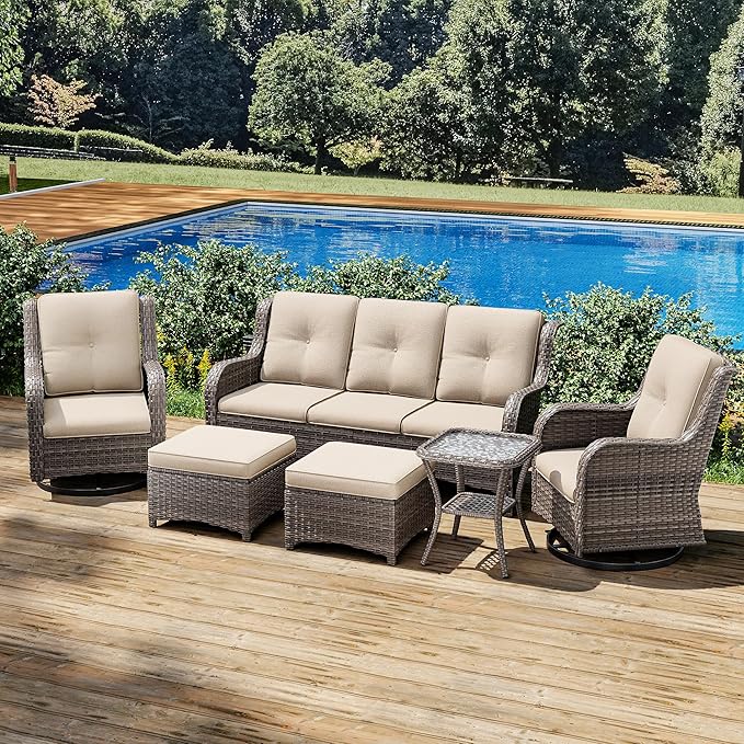 Joyside Wicker Patio Furniture Set 6 Piece Set with 1 Three-Seat Sofa, 2 Swivel Rocker Chairs, 2 Ottomans and 1 Side Table, Outdoor Furniture Patio Conversation Sets(Mixed Grey/Beige)