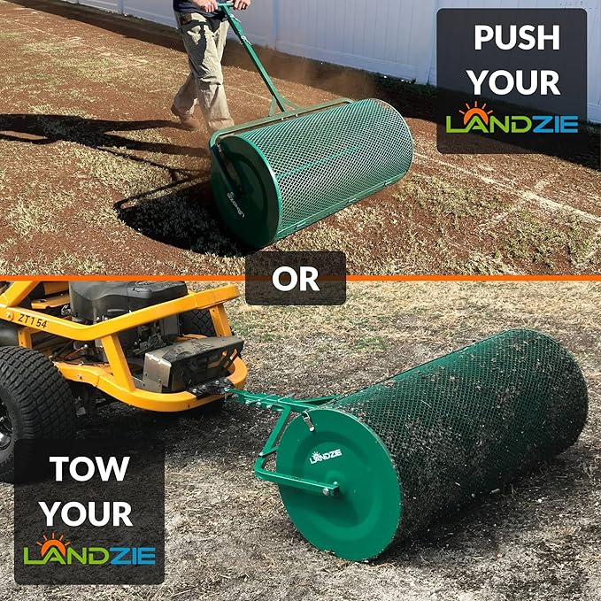 LANDZIE Lawn & Garden Spreaders - 44 Inch Heavy Duty Metal Mesh Basket Push/Tow Spreader - Compost, Peat Moss, Top Soil, Mulch - Durable Lightweight Multi-Purpose Yard Care Equipment - Manure Spreader