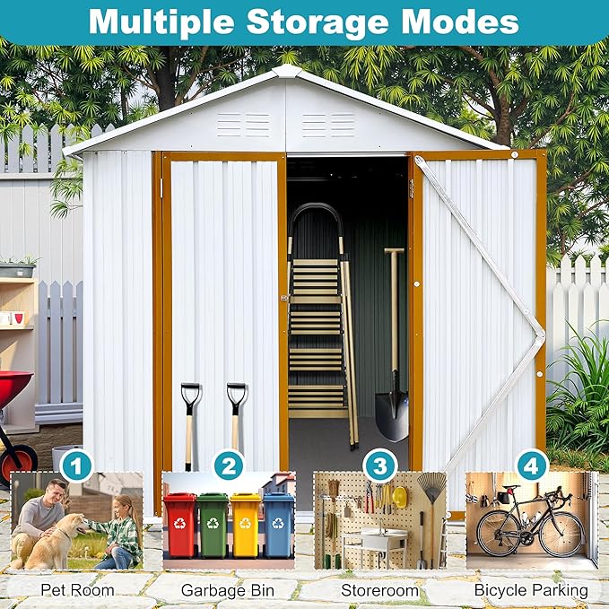 6x4 FT Outdoor Storage Shed, Metal Tool Shed with Lockable Doors, Peaked Roof & Frame Floor, Garden Shed with Vented Design for Backyard Garden Patio Lawn, White+Yellow