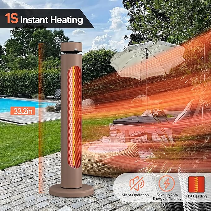 Portable Heater Outdoor Infrared 1500W 8 Heat Levels 8H Timers Carbon Fiber Tube Tip-Over&Overheat Protection IP65 Waterproof Electric Garden Heater, Deep Brown