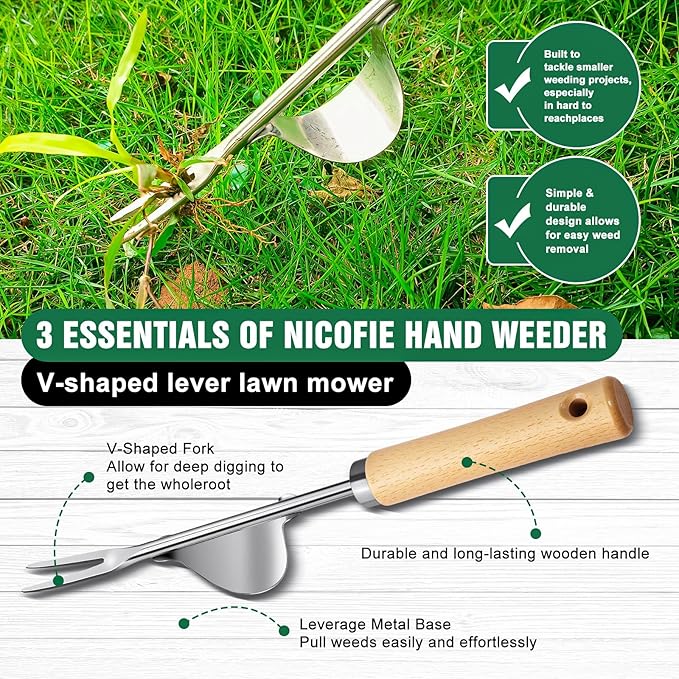 Weed Remover Tool 2-Piece with Wood Handle, Weeding Garden Tools for Gardening with Serrated Edge, Weed Puller for Removing Moss and Weeds, Weeding Tools for Dandelion