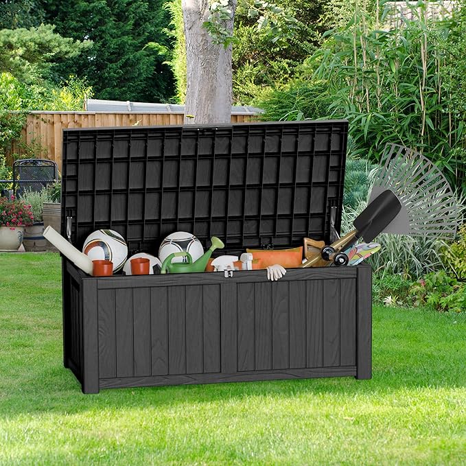 150GAL Black Large - Capacity Outdoor Deck Box with Lockable Compartment - Waterproof, SGS - Protected Against UV, Ideal for Storing Large Patio Furniture Sets and Seasonal Decor, Hassle