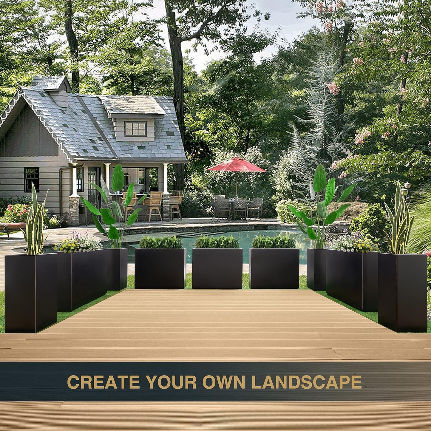 Metallic Heavy Planter for Outdoor Plants, 38Lx10Wx30H Inches Tall and Long Metal Divider Planter Box with Hand Brushed Gold Edge for Outside & Indoor, No Assembly (Black)