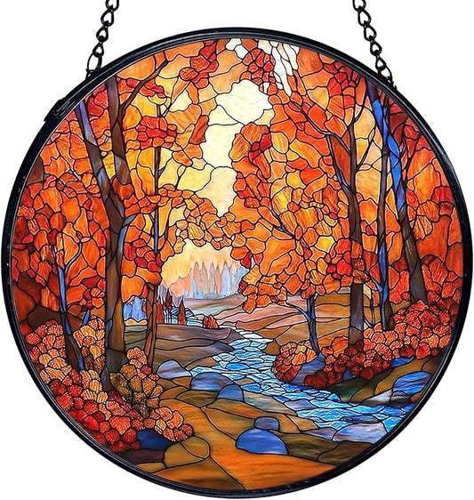 TNUW Fall Autumn Stained Glass Window Hanging, Rustic Autumn Forest Landscape Sun Catchers Indoor Window Glass Round Wall Art Decor, Fall Wall Hanging Decorations, 7.9＂x7.9＂