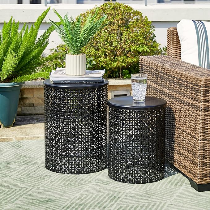Glitzhome Outdoor Side Table Set of 2, Decorative Garden Stool for Indoor Outdoor Heavy Duty Metal Frame Accent Table Modern End Table, Glossy Black