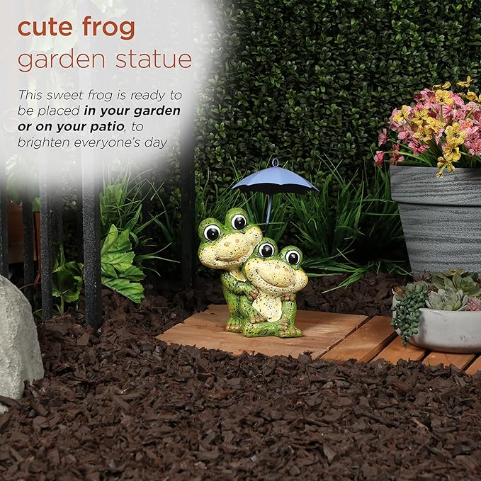 Alpine Corporation QWR1008HH Frog Duo with Purple Umbrella Statue, Playful Statuary Decor for Garden, Patio, & Lawn, 11" H