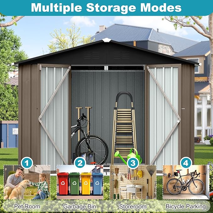 8x6 FT Outdoor Storage Shed, Metal Tool Shed with Lockable Doors, Peaked Roof & Frame Floor, Garden Shed with Vented Design for Backyard Garden Patio Lawn, Brown + Black