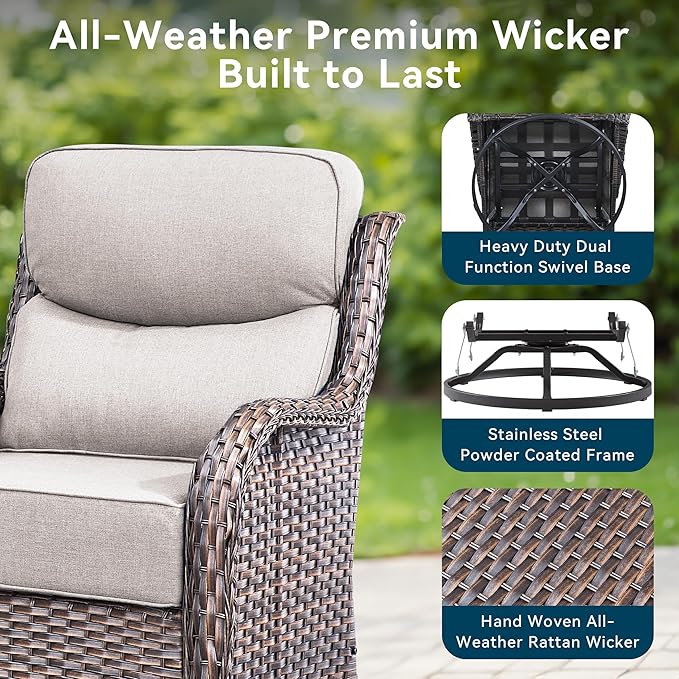 Luxury High Back Outdoor Furniture with 6-Inch Thick Cushions, Patio Furniture Set with Swivel Chairs, 4 PCS Wicker Conversation Set for Porch, Balcony, Deck and Yard