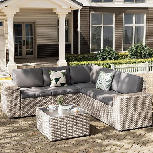 6 Pieces Patio Furniture Set, Outdoor Sectional Wicker Sofa with Thickened Cushions and Coffee Table, High Back Rattan Patio Conversation Sets for Garden Backyard, Grey