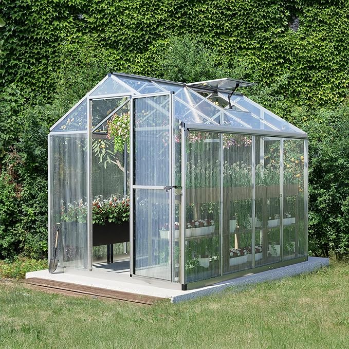 Aoodor 6 x 8 Ft Walk-in Greenhouse with Gutter, Polycarbonate and Heavy-Duty Aluminum Frame, Adjustment Skylight and Lockable 2-Sided Door for Patio, Outdoor, Yard, Lawn Use, Silver