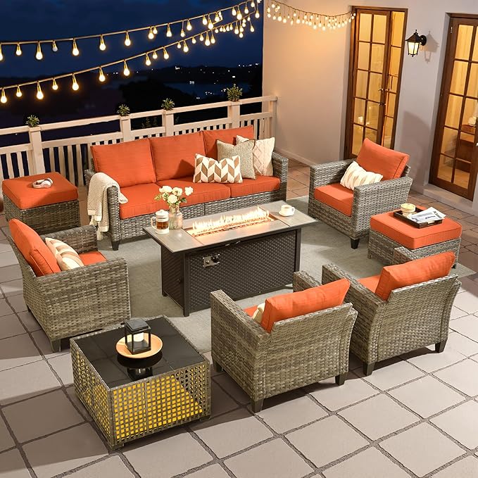 HOOOWOOO Outdoor Patio Furniture Set,9 Pieces Wicker Conversation Set,All Weather Couch Set with Fire Pit Solar Light Table Chairs Ottoman 9 Seaters for Out Door Yard(Brick Red)