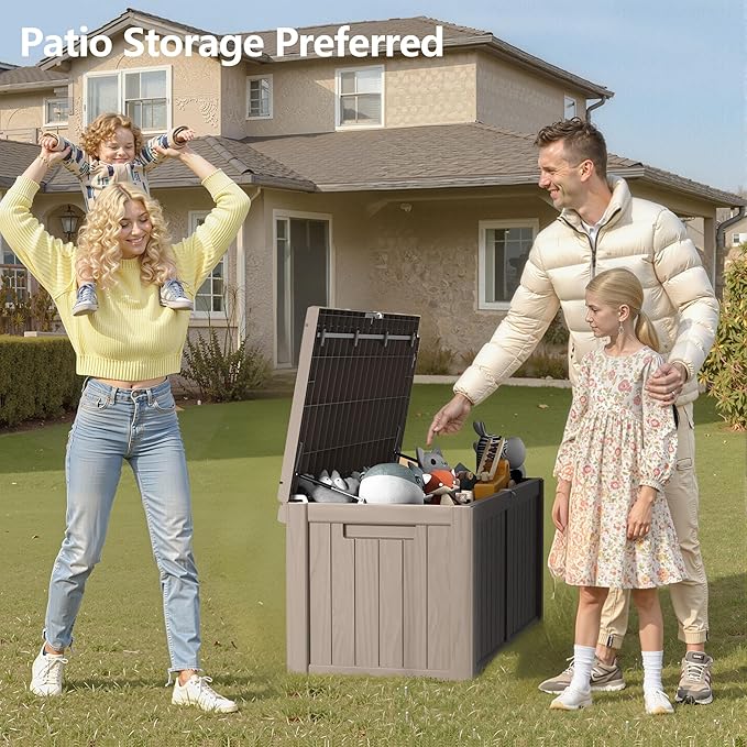 120 Gallon Outdoor Storage Box - Waterproof Resin Deck Box with Stainless Steel Rods - Lockable & UV Resistant Storage Bin for Patio Cushions & Garden Tools - Stylish Grey Design