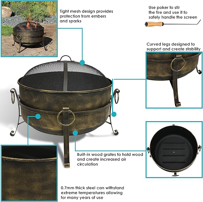 Sunnydaze 24-Inch Small Fire Pit for Outside - Wood-Burning Fire Pit Bowl for Outdoors with Spark Screen, Log Poker, and Grate
