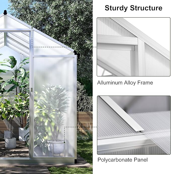 10X6.25 FT Aluminum Greenhouse for Outdoors, Heavy-Duty Metal Garden Greenhouses with Roof Vent and Quick Setup Structure, Metal Garden Greenhouse for Vegetables, Herbs & Outdoor Plants, Silver