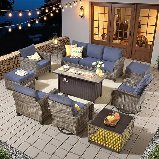 HOOOWOOO Outdoor Patio Furniture Set,10 Pieces Wicker Conversation Set,All Weather Couch Set with Fire Pit Solar Light Table Swivel Chairs Ottoman 9 Seaters for Out Door Yard(Denim Blue)