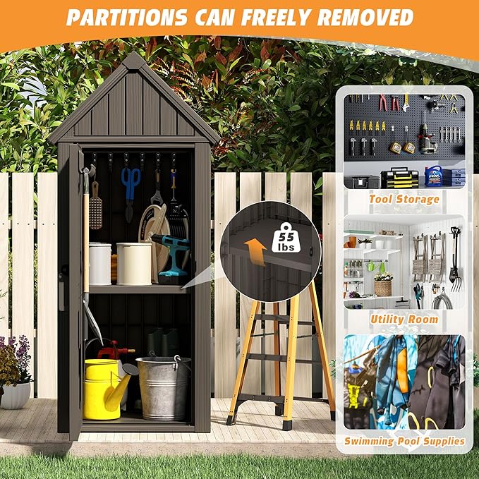 Shed Outdoor Storage Shed with Sloping Roof and Lockable Door, Resin Outdoor Storage Box Cabinet Waterproof and Multiple Hooks for Backyard, Patio, Poolside, Grey