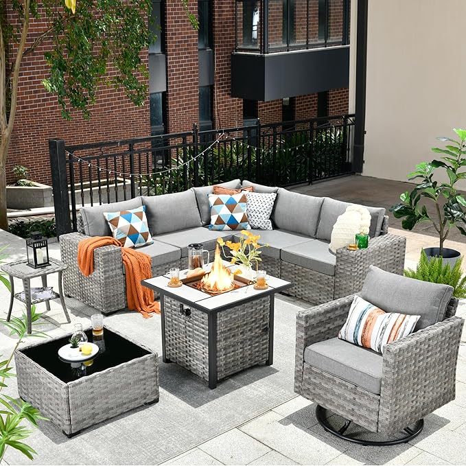 HOOOWOOO 9 Piece Modular Patio Outdoor Sectional Furniture Set with Gas Propane Fire Pit Table,Wicker Conversation Sofa Set with Swivel Chairs,Outside Couch Set(Dark Grey)