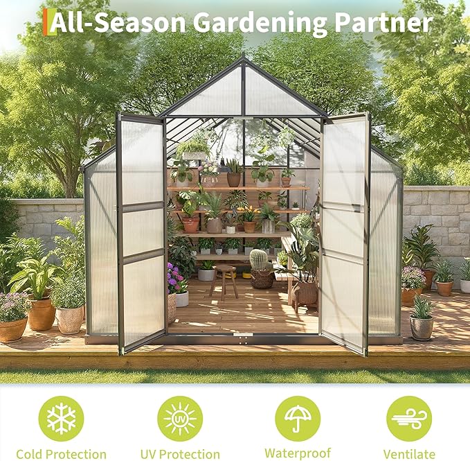 8x16FT Walk-in Greenhouses for Outdoors, Heavy Duty Polycarbonate Green House with Quick Setup Structure, Roof Vent, Push-Pull Lockable Door, Aluminum Green House for Garden Backyard, Patio, Lawn