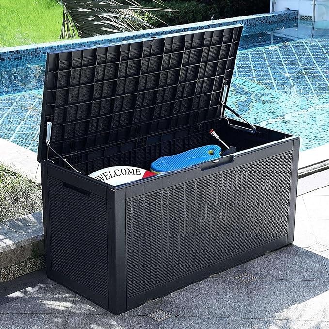 Modern-Depo 100 Gallon Deck Box Waterproof Outdoor Storage Bench Polypropylene PP Garden Tools Pool Towel Storage Bin Porch Delivery Box, Black
