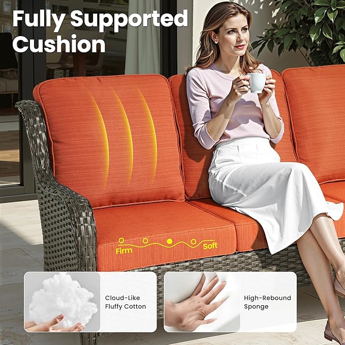 ovios 5 Pieces Patio Furniture Set, Outdoor Wicker Sofa Couch with Swivel Chairs 42" Fire Pit Table, All Weather High Back Modern Conversation Sets, Brown Rattan, Orange Red