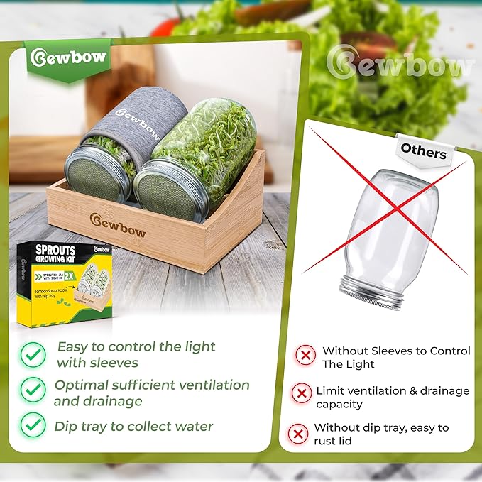 [Premium] Seed Sprouting Jar Kit with Bamboo Holder, 2 PCS Mason Jars, Drain Tray, Screen Lids, Blackout Sleeves, Good Ventilation & Drainage Capacity, Growing Fresh Organic Mung Beans & Microgreens