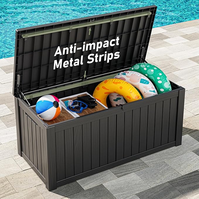 NUNU LAB 120 Gallon Outdoor Storage Box, Large Resin Deck Box with Lockable Lid, Waterproof Patio Storage Bench, Outdoor Cabinet for Garden Tools, Cushions & Pool Accessories