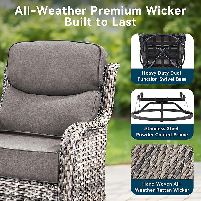 Luxury High Back Outdoor Furniture with 6-Inch Thick Cushions, Patio Furniture Set with Swivel Chairs, 5 PCS Wicker Conversation Set for Porch, Balcony, Deck and Yard
