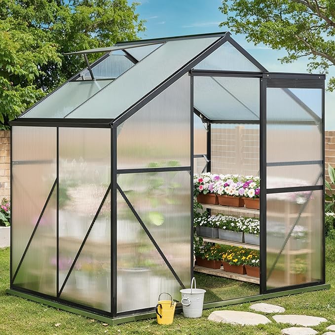 Gizoon 6x4 FT Outdoor Greenhouse, Quick Setup Polycarbonate Greenhouse with Adjustable Roof Vent and Sliding Door, Aluminum Walk-in Greenhouses for Outside Backyard Gardening (Black, 6X4FT)