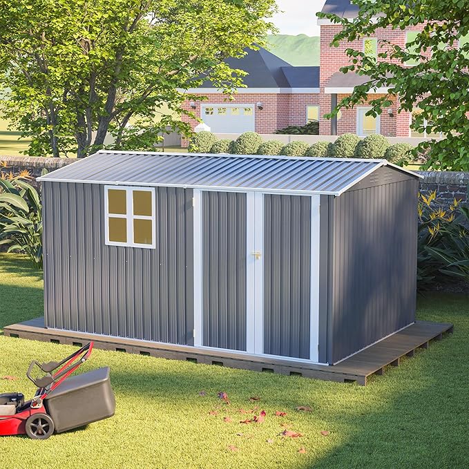8x12FT Outdoor Storage Shed,XL Heavy-Duty Metal Shed W/Window & Floor Frame,Garden Tool House W/ 4 Air Vents,Dual Sliding Hinged Door & Sloped Roof,for Backyard,Patio,Lawn,Grey