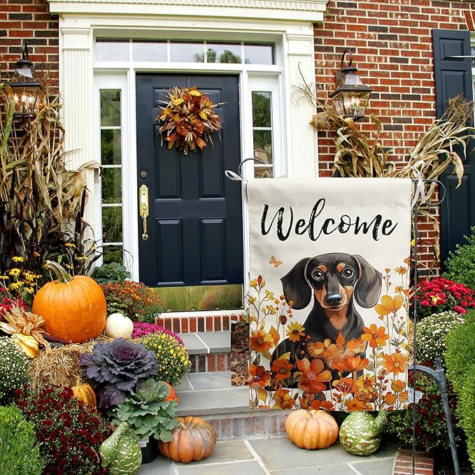 Floral Dachshund Garden Flag Fall Yard Flag Wildflower Dog Garden Flags Orange Autumn Lawn Flags Welcome Thanksgiving Outdoor Flags for Outside 12x18 Double Sided Small