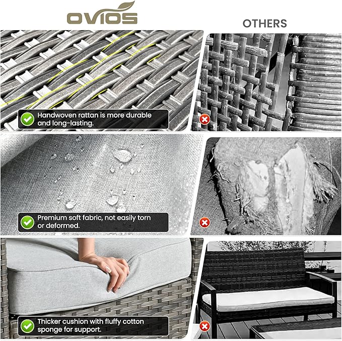 ovios Patio Furniture Set, 6 Pieces Outdoor Wicker Sofa Couch with Fire Pit Table, Ottomans and Comfy Cushions, All Weather High Back Rattan Conversation Set, Grey