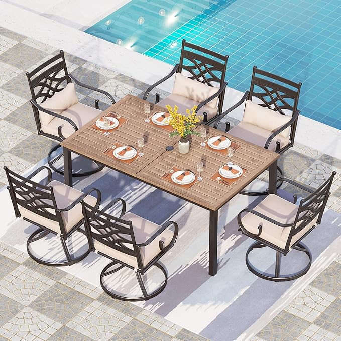 PHI VILLA 7 Pcs Patio Dining Set,Outdoor Table Chair Set for 6 with Outdoor Chairs and Metal Frame Steel Rectangular Table,Outdoor Dining Furniture with Cushion and Pillow for Garden Lawn Deck