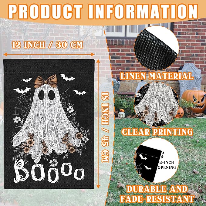Boo Halloween Garden Flag for Outside, 12x18 Inch Double Sided Halloween Pumpkin Ghost Spider Web Bats Yard Flag, Farmhouse Small Yard Flags for Outdoor Decorations, Holiday Decor Gifts-A11