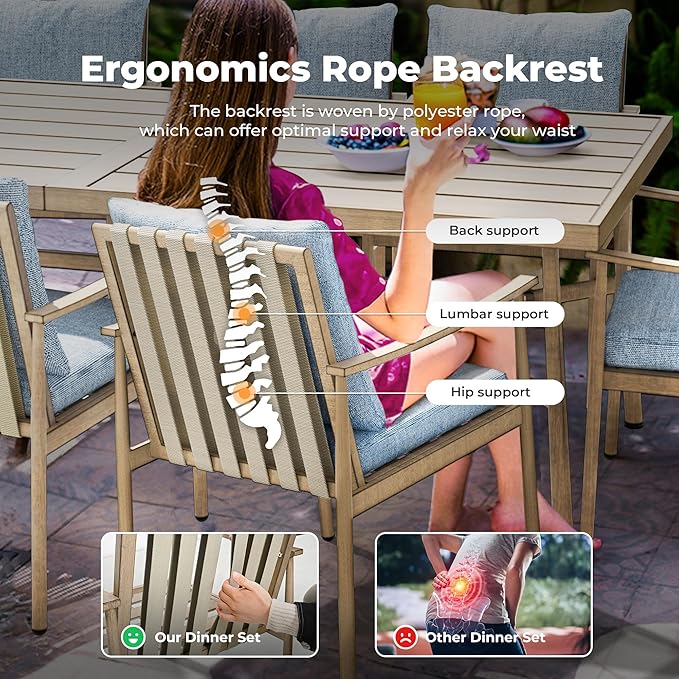 HAPPATIO 9-Piece Patio Table and Chairs Set for 8, Aluminum Outdoor Dining Set with Cushions, 8 Dining Chairs, 1 Large Rectangular Table with Umbrella Hole for Lawn, Porch, Backyard, Brown