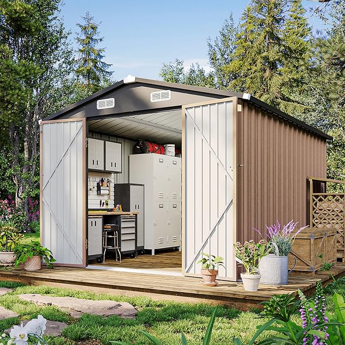 8x12 FT Metal Outdoor Storage Shed, Dual Doors with Lockable Bolts, Large Garden Shed for Yard Tools, Bike, Generator, Waterproof Galvanized Steel Panel with Vent & Sloping Roof（Brown）