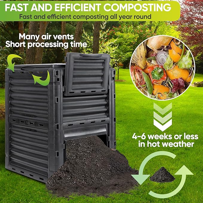 JupiterForce Garden Compost Bin 80 Gallon (300 L) from BPA Free Material, Large Composting Bin Outdoor Composter, Easy Assembling, Fast Creation of Fertile Soil, Lightweight, Black