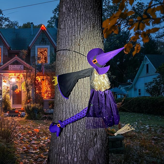 53" Purple Crashing Witch Halloween Decorations - Funny Flying Witch Prop for Yard, Porch, Tree, Patio, Door – Large Outdoor Halloween Witch Tree Decor for Garden, Fence, and Haunted House