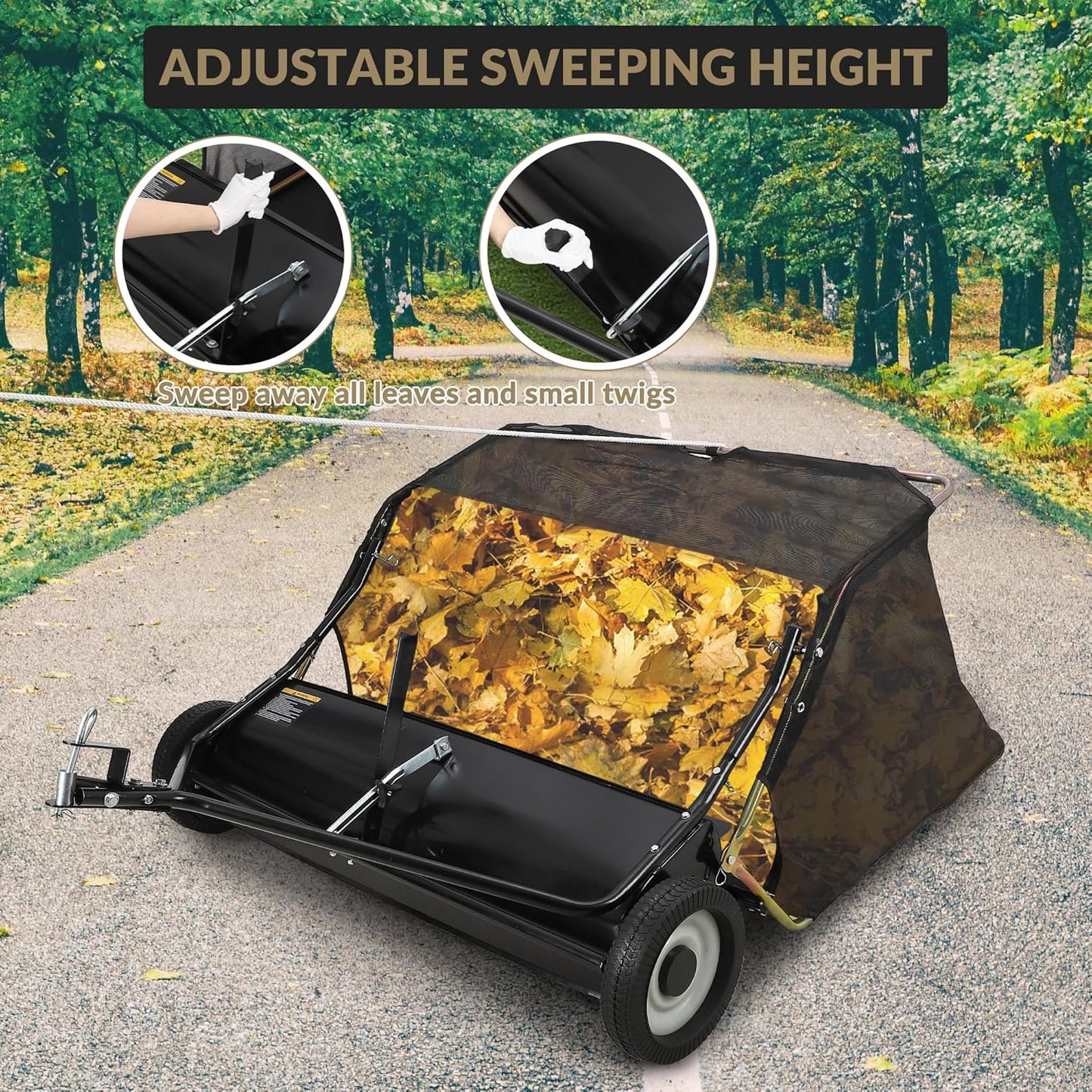 GAOMON 42 inch Lawn Sweeper Tow Behind, Large Pull Behind Lawn Sweeper, Heavy Duty Leaf & Grass Collector with Dumping Rope Design, Adjustable Sweeping Height for Picking Up Debris & Grass
