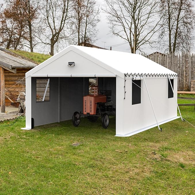 13x25 Carport Canopy, Heavy Duty Car Port, Portable Car Ports Garage with 2 Roll-Up Zipper Drive Through Doors, White