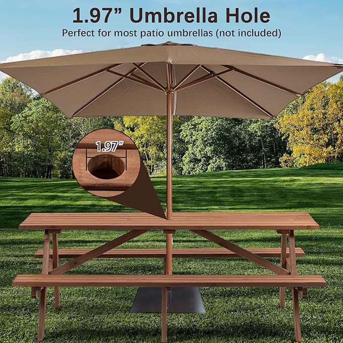 Picnic Table with Bench for 6-8 Person Outdoor Wooden Rectangle Table for Backyard, Porch, Patio, Deck w/Umbrella Hole -Brown