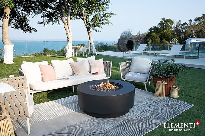 Elementi+ | Nimes Gas Fire Pit Cast Concrete 40" Dia. Round Fire Table, Outdoor Fire Pit Electronic Ignition | Canvas Cover, Fire Glass and Burner Lid Included | Dark Gray | Natural Gas